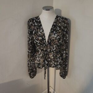 Madison & Berkeley Womens Black Floral‎ Print Long Sleeve Peplum Blouse Medium